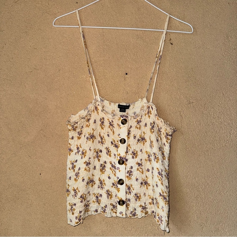 American eagle Floral Button-Down Spaghetti Strap Top cinched